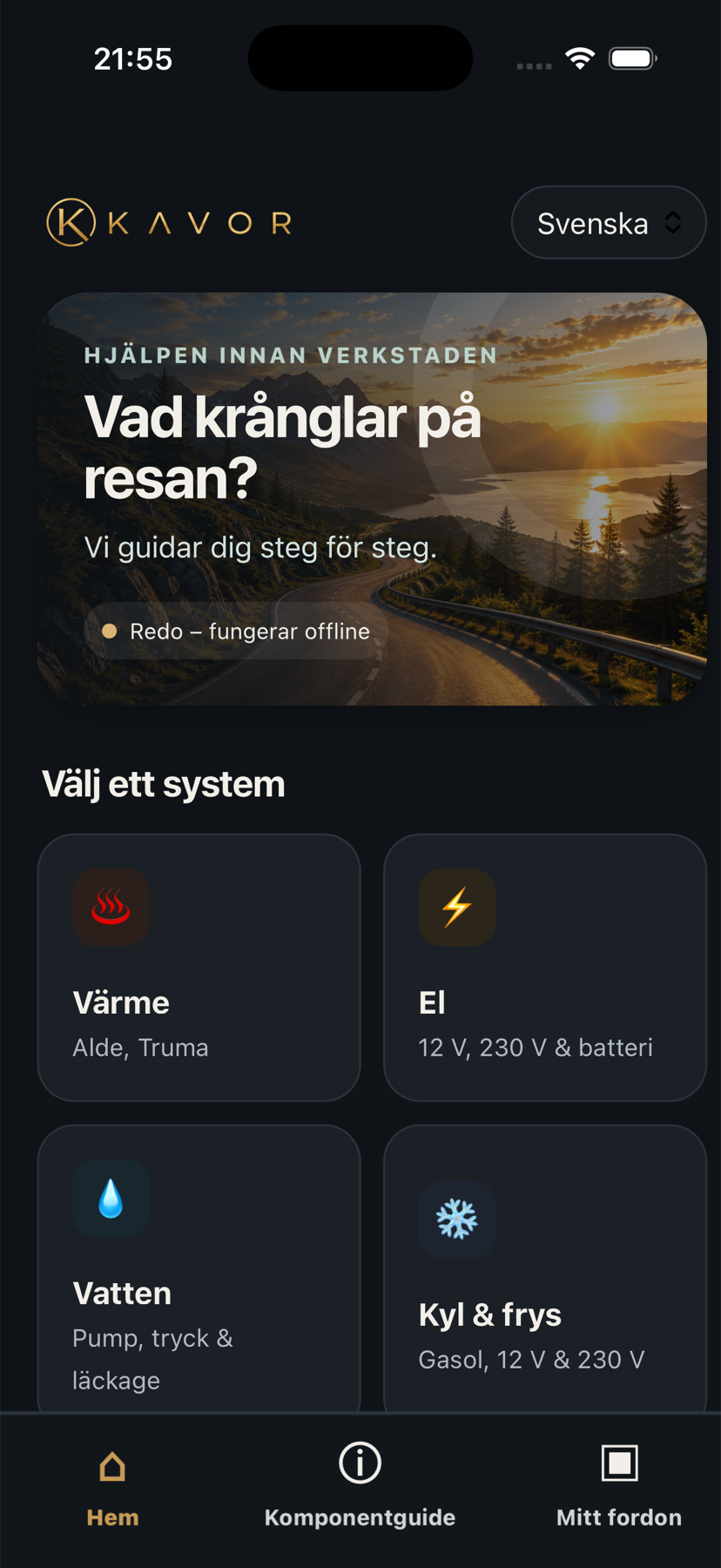 Kavors startsida på en iPhone